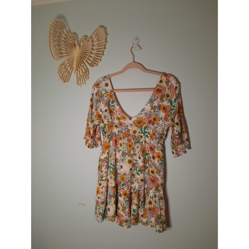 Raisins Sz Small Multicolor Floral Mini Dress, V-Neck, Tie Back, Flowy,‎ Summer